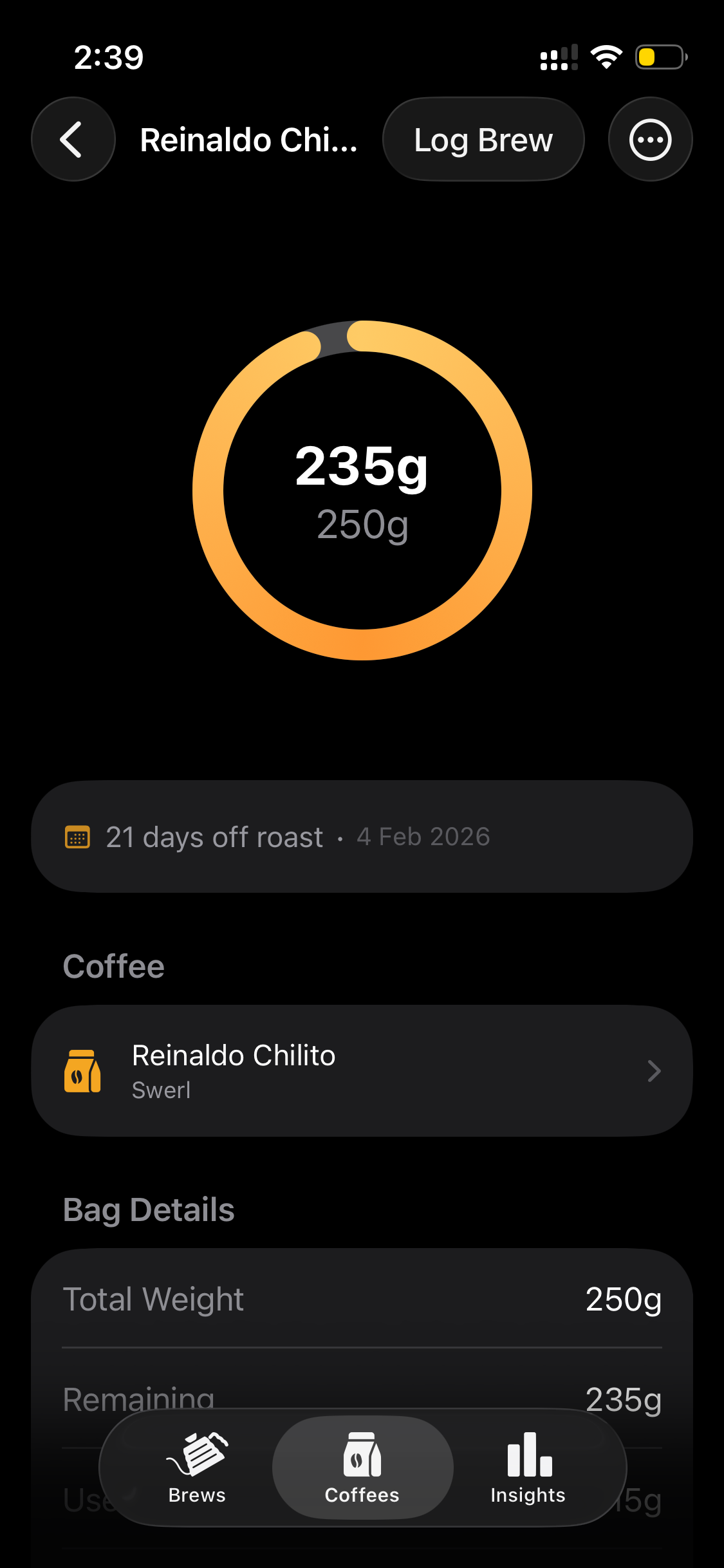 Coffee bag detail with inventory ring and roast date