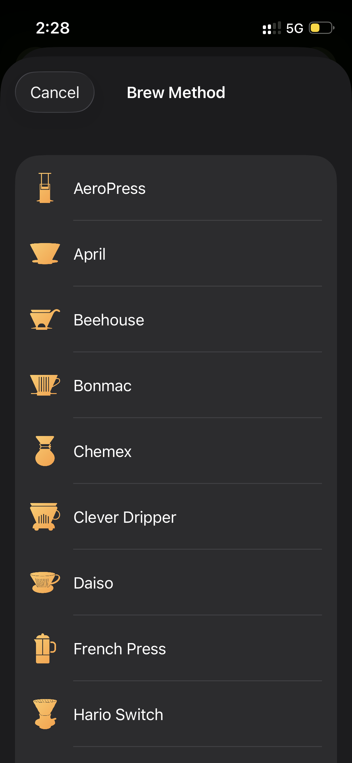 Brew method selection with device icons