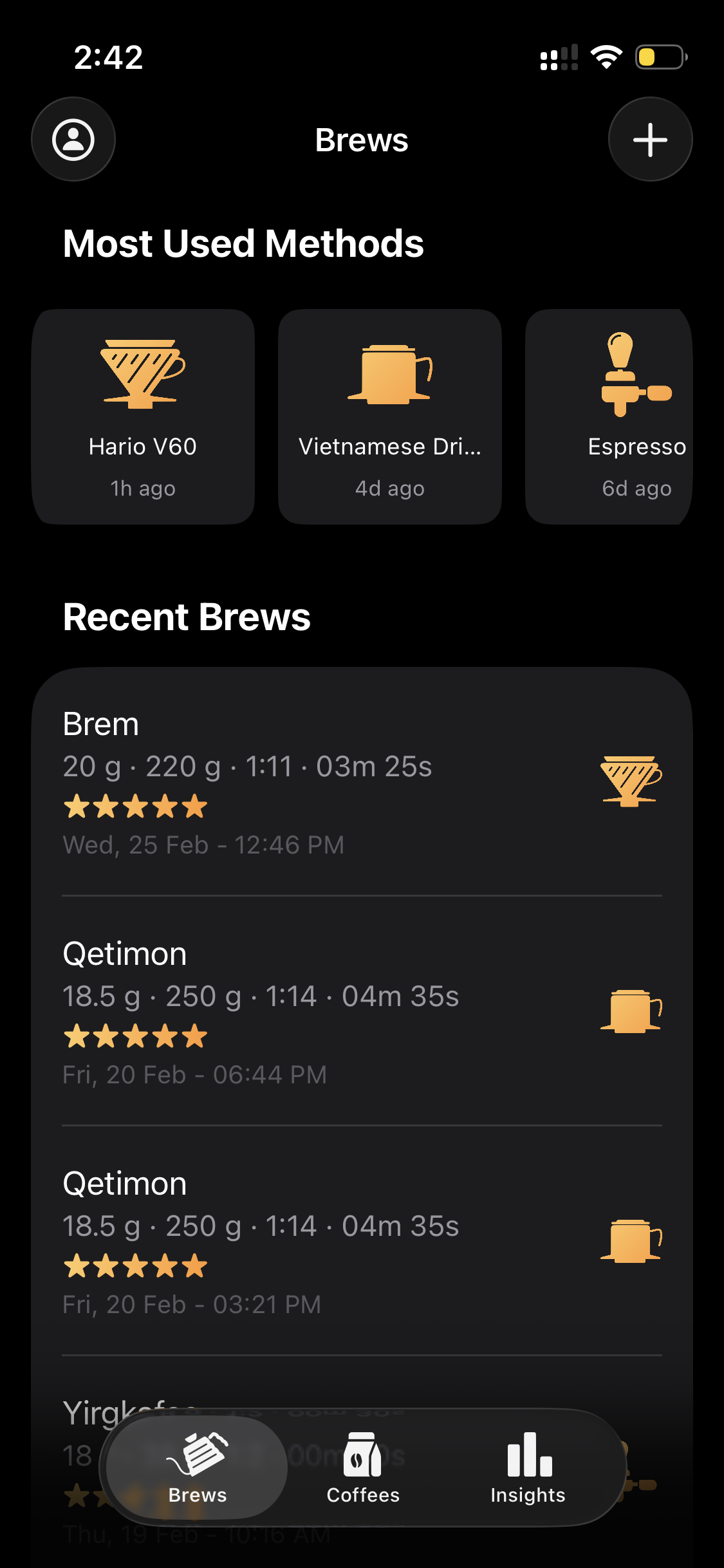 Brews tab with most used methods and recent brews