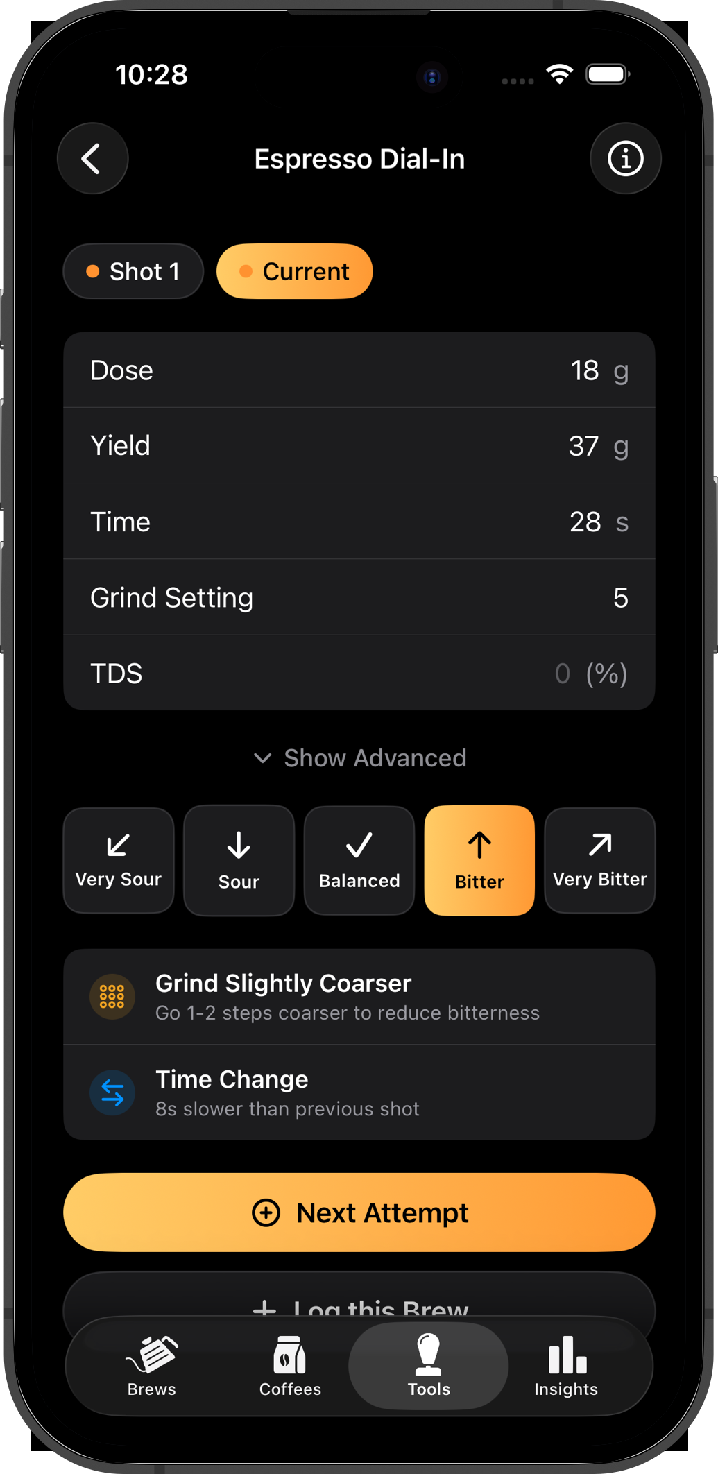 Espresso dial-in assistant with taste feedback and grind adjustment recommendations