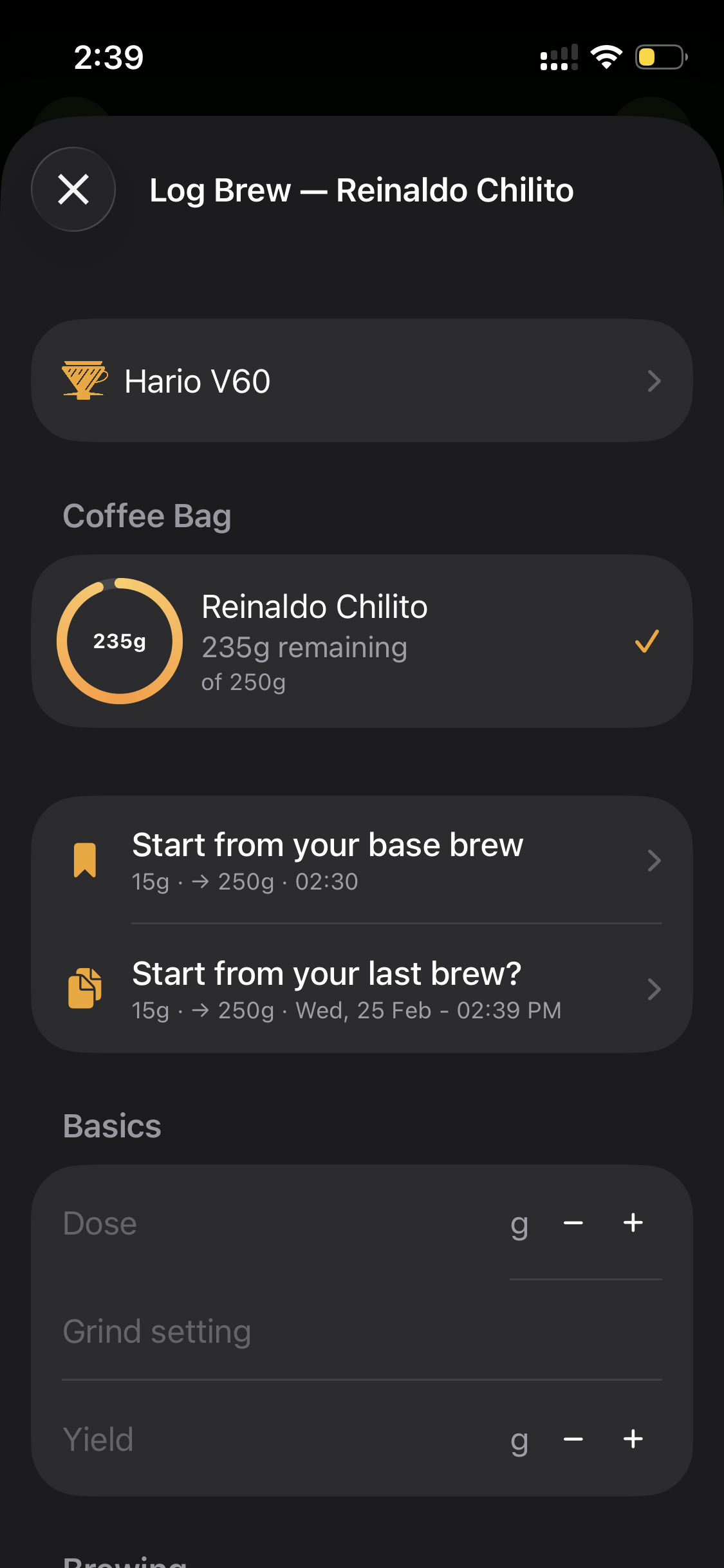 Log Brew screen with smart start options
