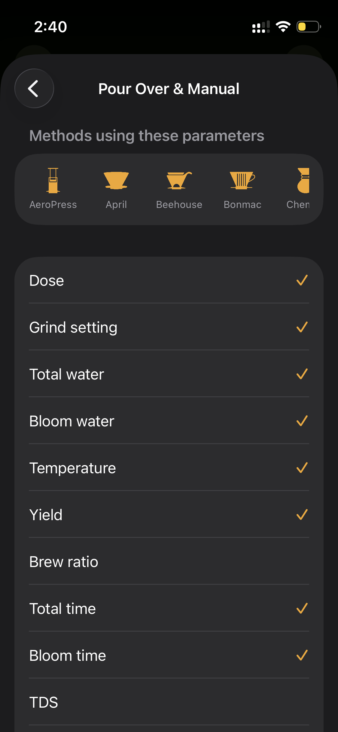 Pour over brew parameters configuration