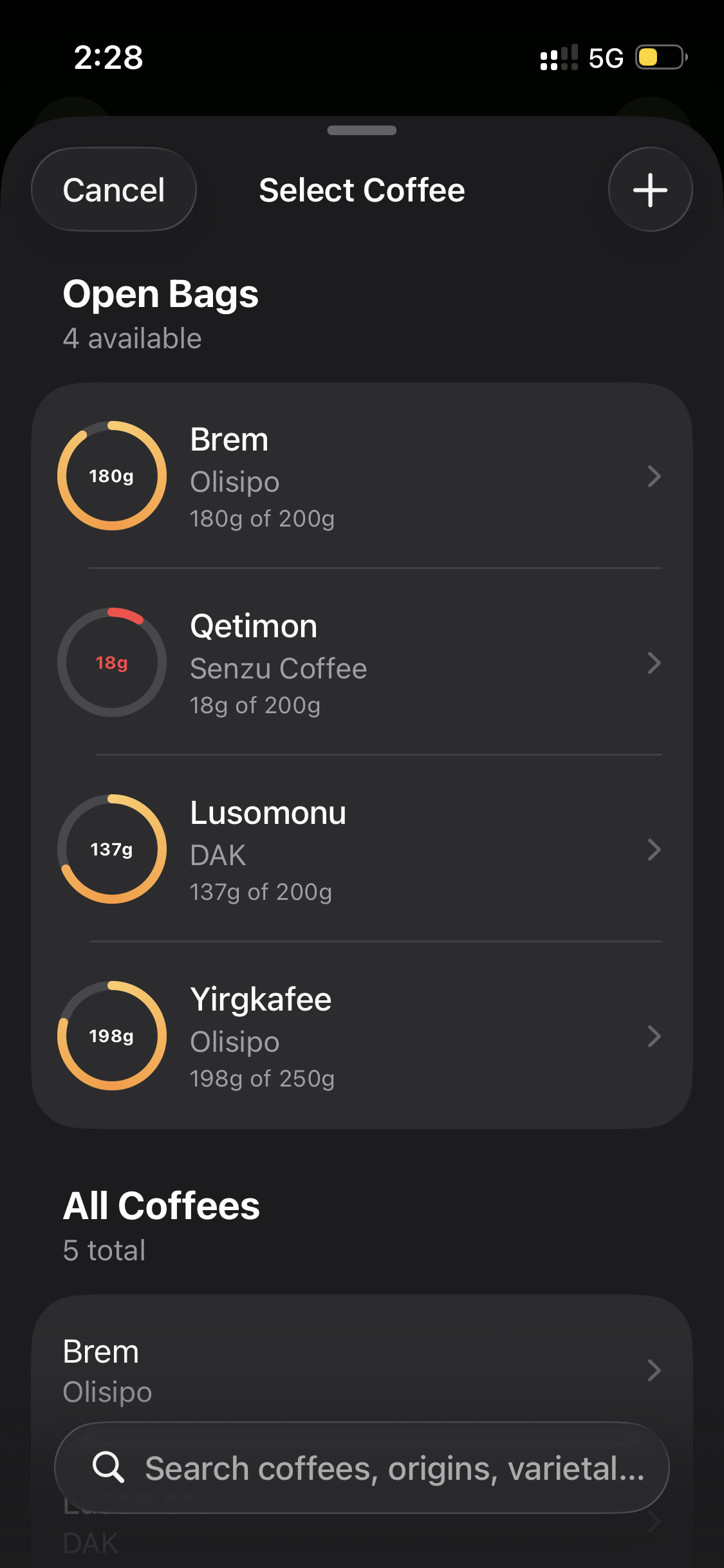 Coffee selection with open bags and inventory