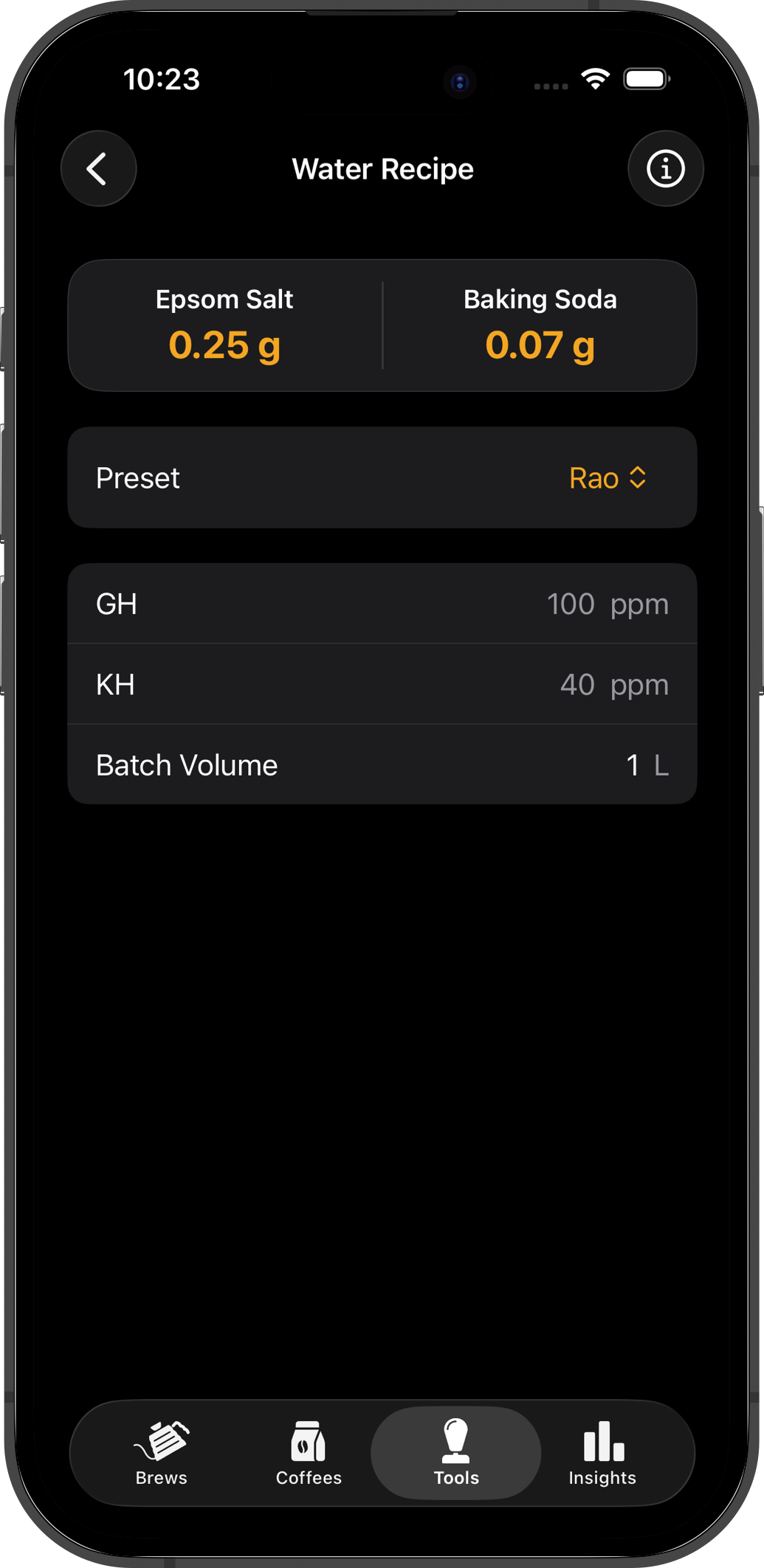Water recipe calculator with Rao preset showing mineral concentrations